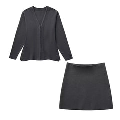 Two Piece V-Neck High Waist Knitted Mini Skirt Suit