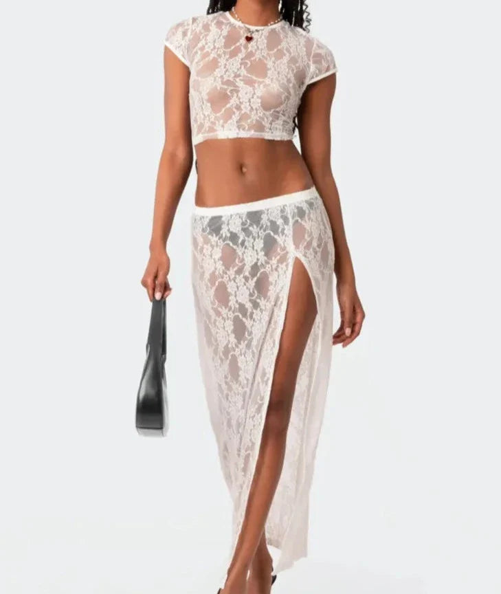 Lace Sheer Two Piece Set Crop Top And Side Split Maxi Skirt