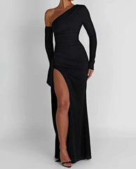 Luxe Oblique Shoulder Thigh High Split Maxi Dress