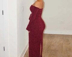 Knitted Off The Shoulder Long Sleeve Bodycon Maxi Dress