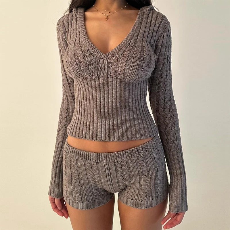 It Girl Knitted 2 Piece Set Cropped Sweater and Shorts