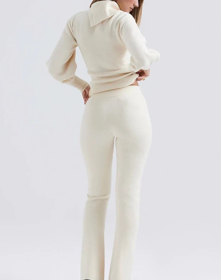 Two Piece High Neck Turn Down Collar and Flared Pants Knit Set