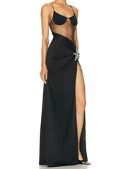 Luxe Starfish Embellished Mesh Black High Split Maxi Dress