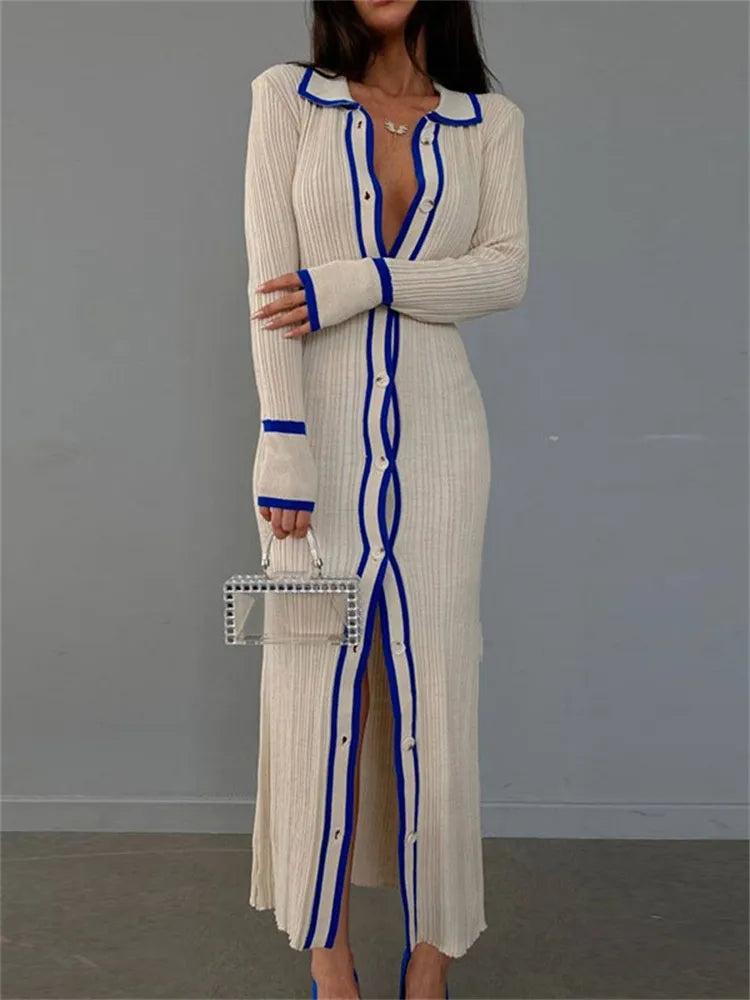 Patchwork Lapel Long Sleeve Maxi Dress