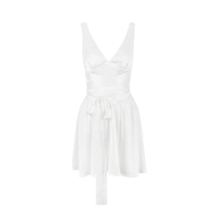 White Satin Summer V Neck A Line Mini Dress