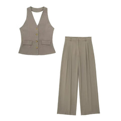 Halter Neck Sleeveless Vest Top And Wide Leg Pant Set