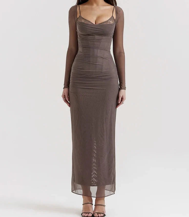 Elegant Sheer Long Sleeve Bustier Maxi Dress