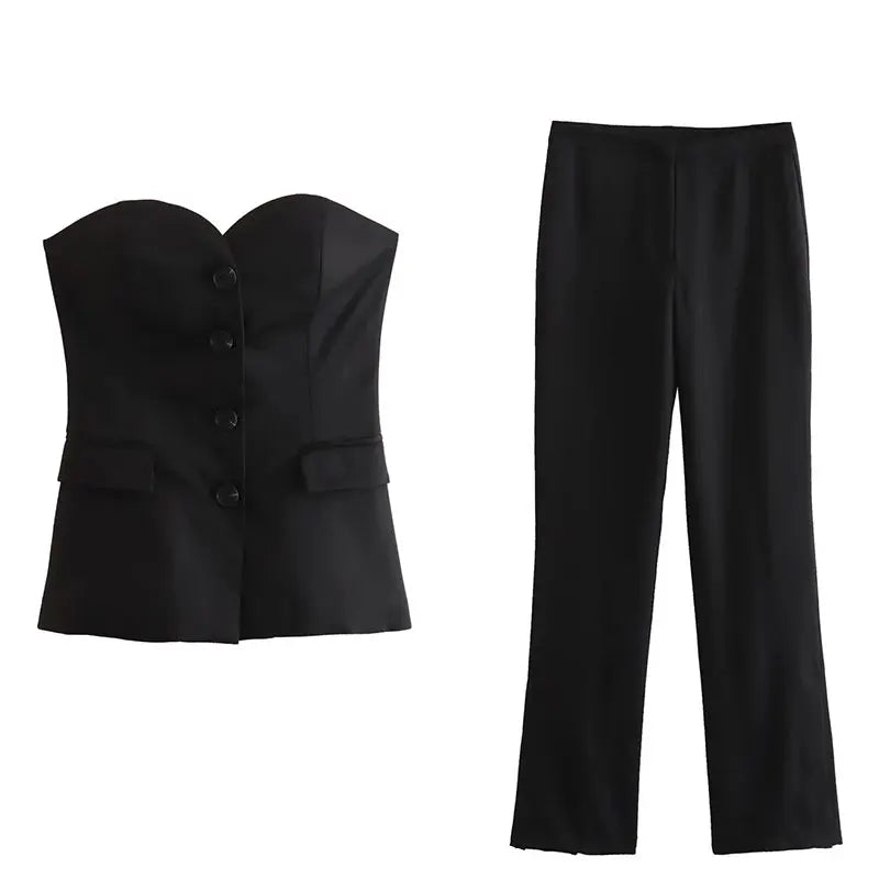 Strapless Button Straight Leg Pant Suit