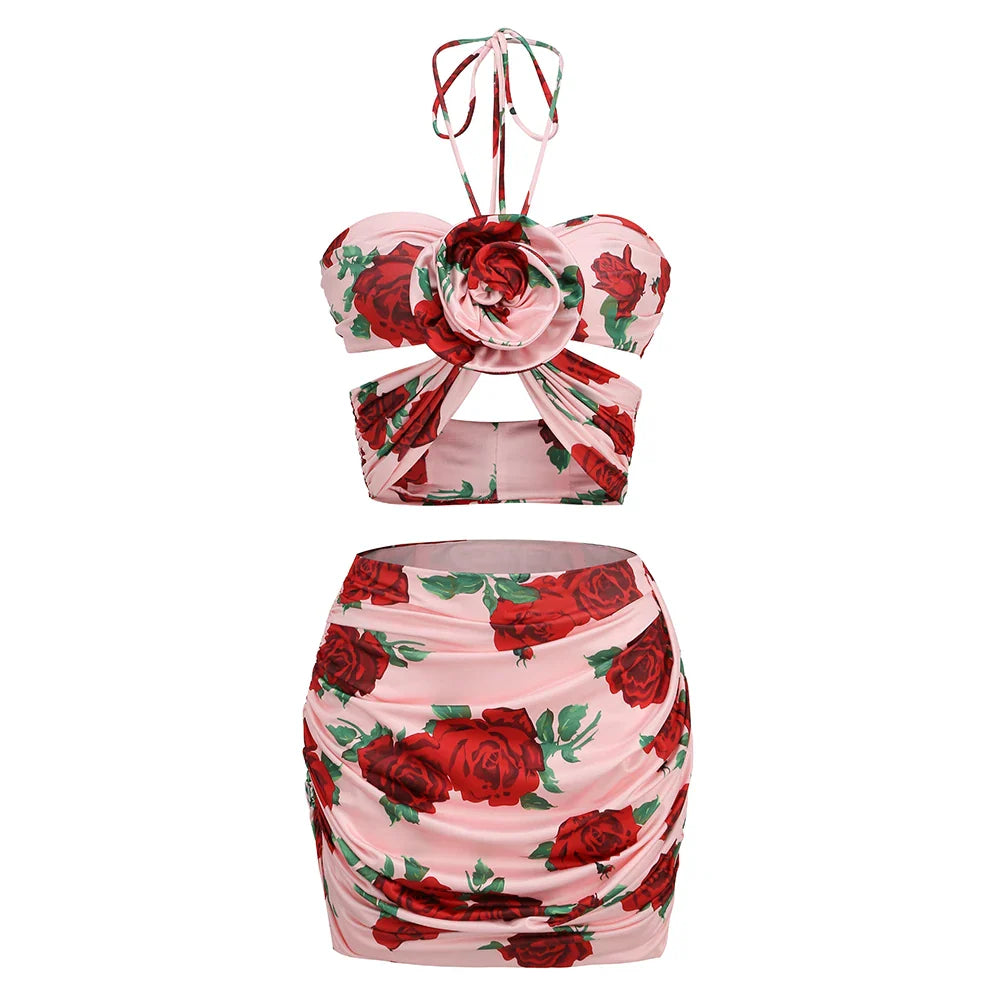 Luxe Floral Mini Bodycon Two Piece Halterneck Skirt Set