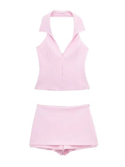 Chic Spring Pink Halter Neck Skort Set