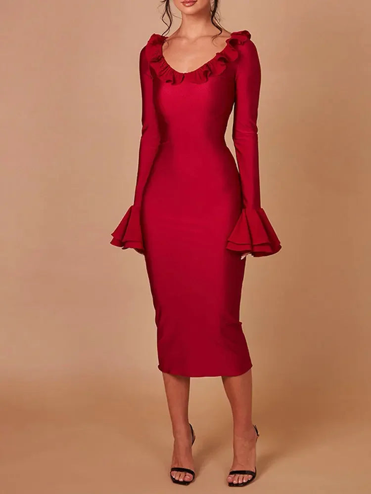 Low Cut Flared Sleeve Ruffled Gown Midi Dress