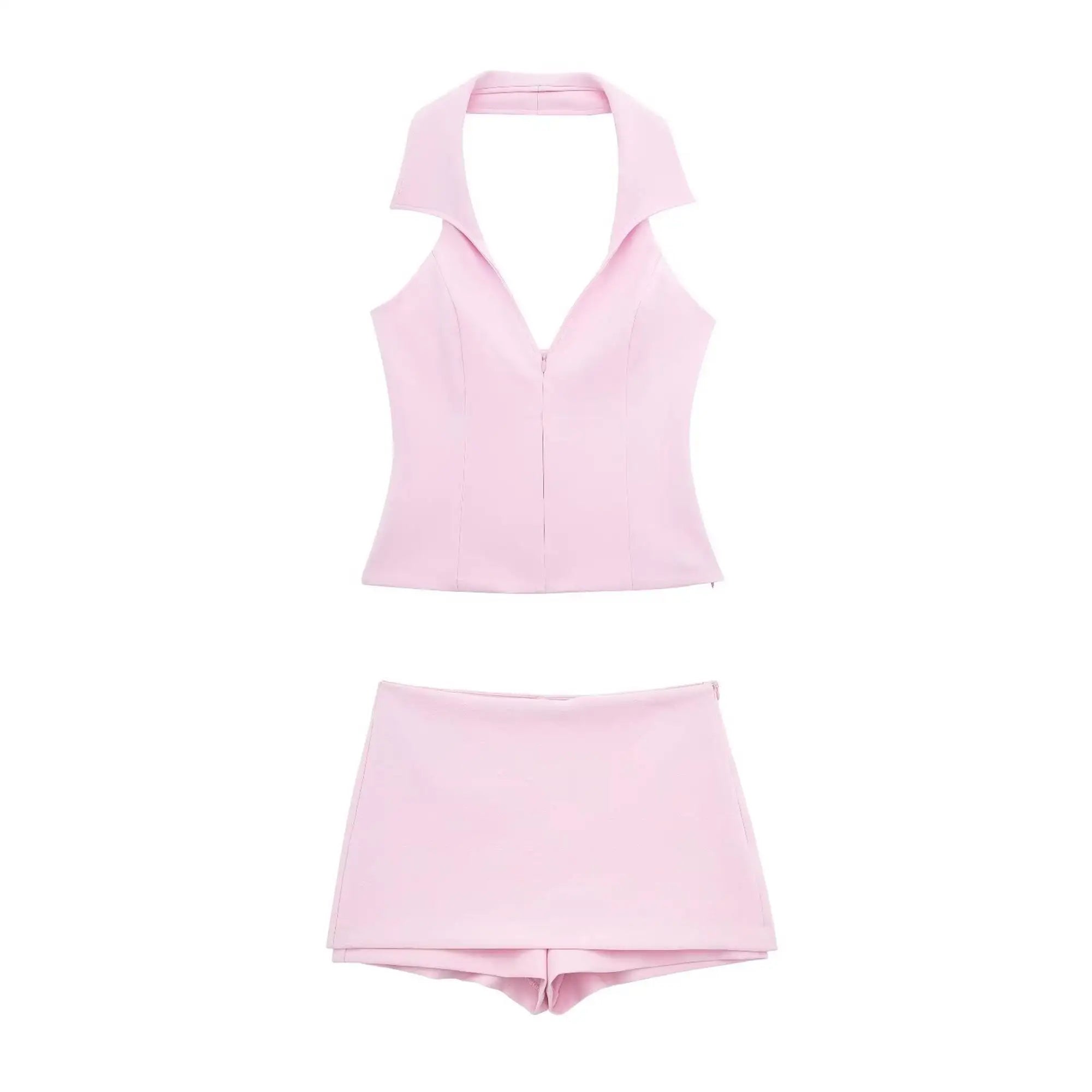 Chic Spring Pink Halter Neck Skort Set