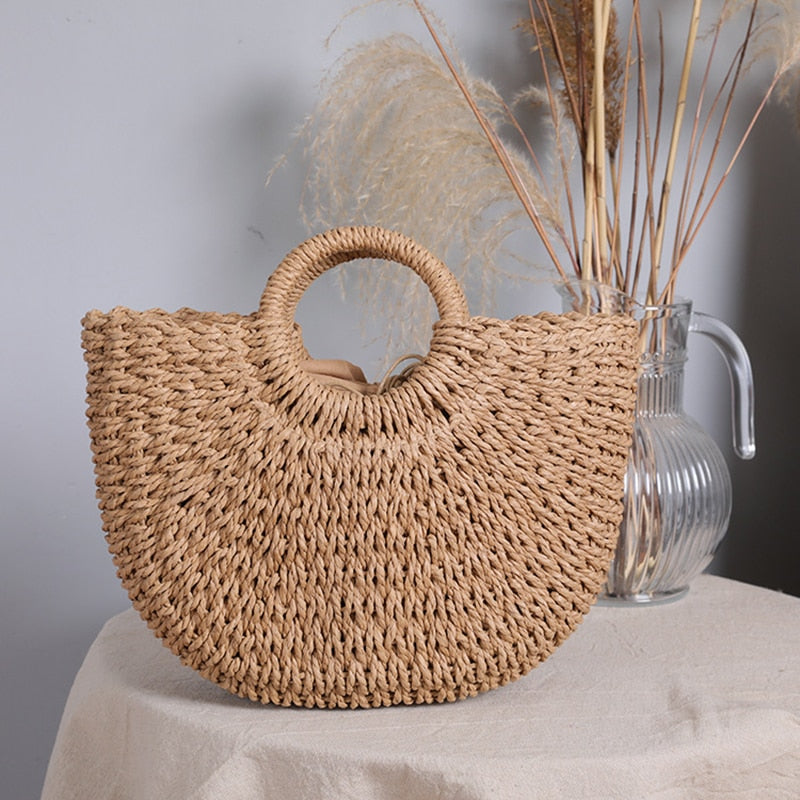 Summer Straw Woven Beach Tote Bag