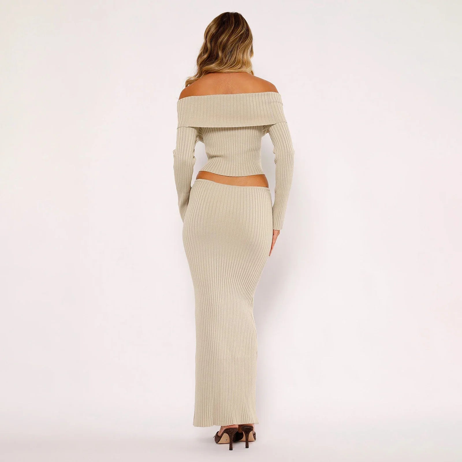 Off The Shoulder Long Sleeve Ribbed Knit Crop Top and Maxi Skirt Set