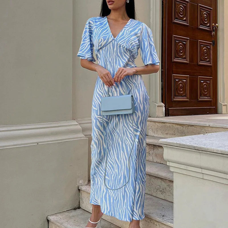 Abstract Print Flare V-Neck Short Sleeve Midi Dress