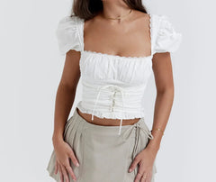 Short Sleeve Cropped White Square Neck Top