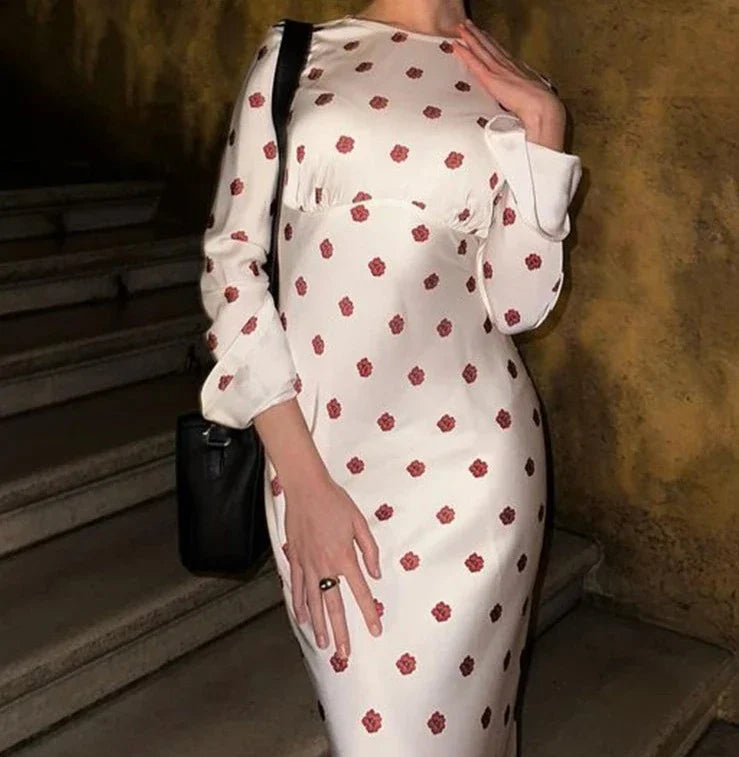 Flare Long Sleeve Printed Polka Dot Maxi Dress