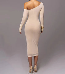 One Shoulder Mesh Long Sleeve Ruched Midi Dress