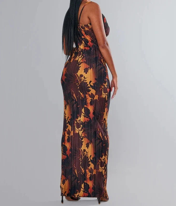 Plissé Flower Print Cowl Neck Slip Maxi Dress