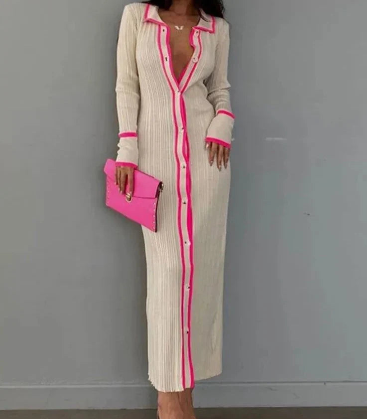 Patchwork Lapel Long Sleeve Maxi Dress