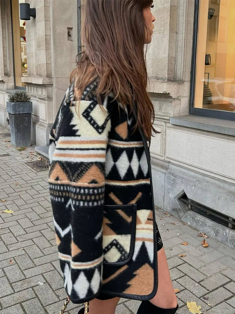 Print Woolen Patchwork Cardigan Coat