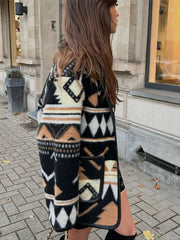 Print Woolen Patchwork Cardigan Coat