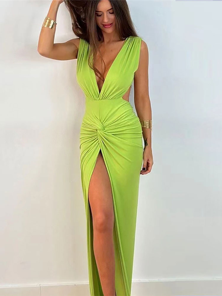 Summer Ruched Backless V Slit Women Bodycon Maxi Dress