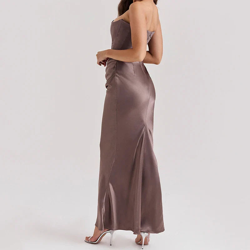 Luxe Satin Gray Draped Maxi Dress