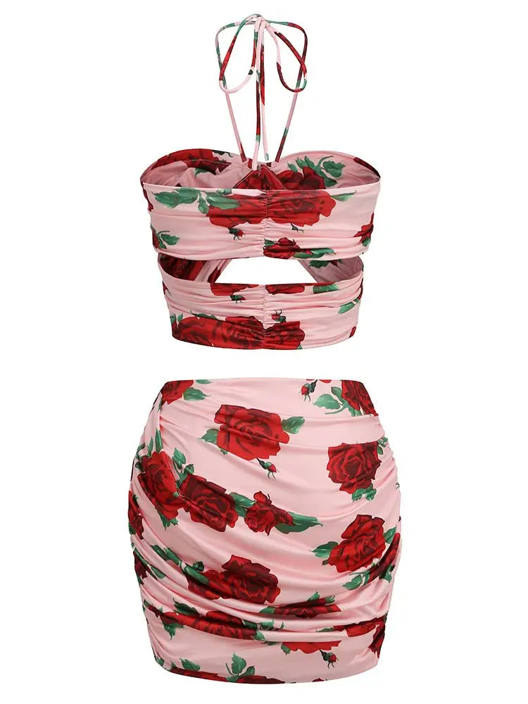 Luxe Floral Mini Bodycon Two Piece Halterneck Skirt Set