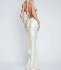 Deep Plunge Satin Backless Maxi Evening Dress