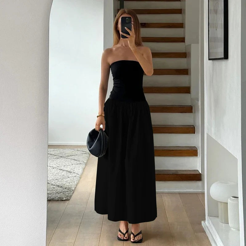 Monochrome Summer Strapless Maxi Dress