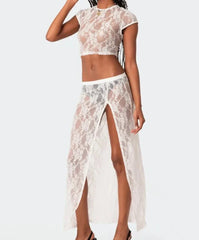 Lace Sheer Two Piece Set Crop Top And Side Split Maxi Skirt