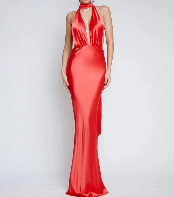 Deep Plunge Satin Backless Maxi Evening Dress