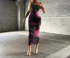 Tie Dye Spaghetti Strap Bodycon Maxi Dress