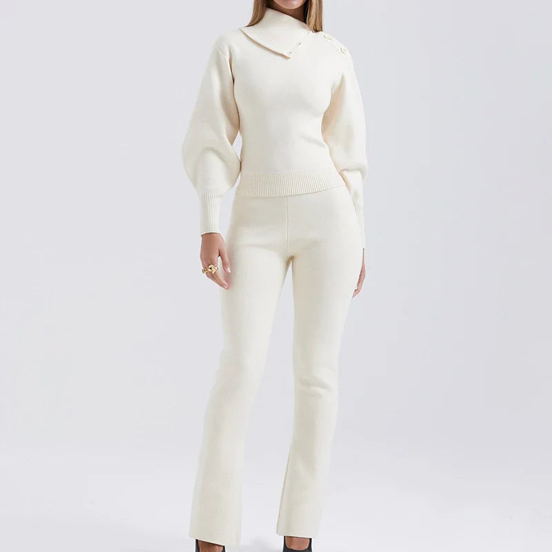 Two Piece High Neck Turn Down Collar and Flared Pants Knit Set