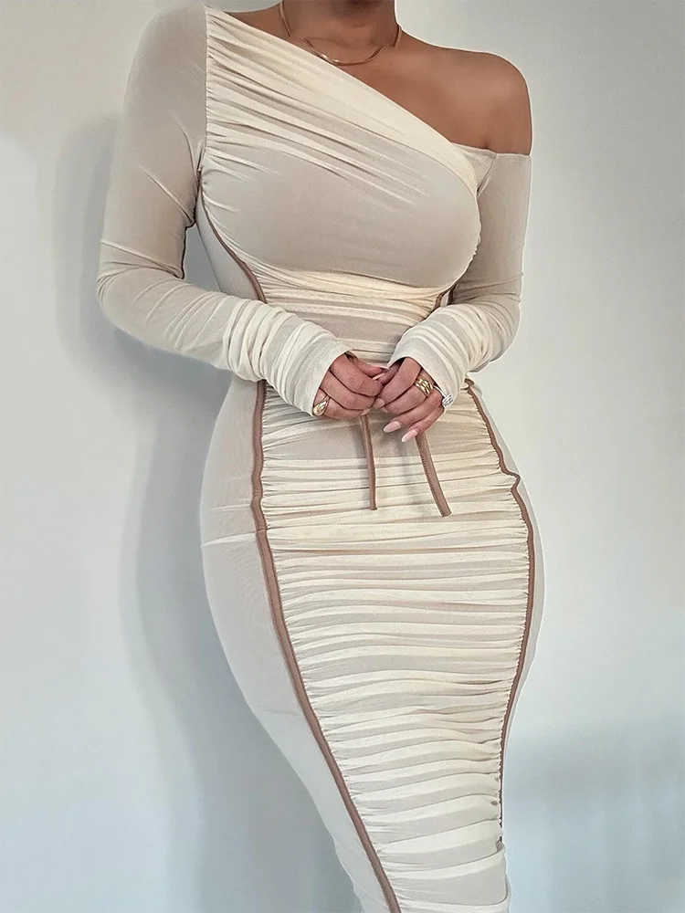 One Shoulder Mesh Long Sleeve Ruched Midi Dress