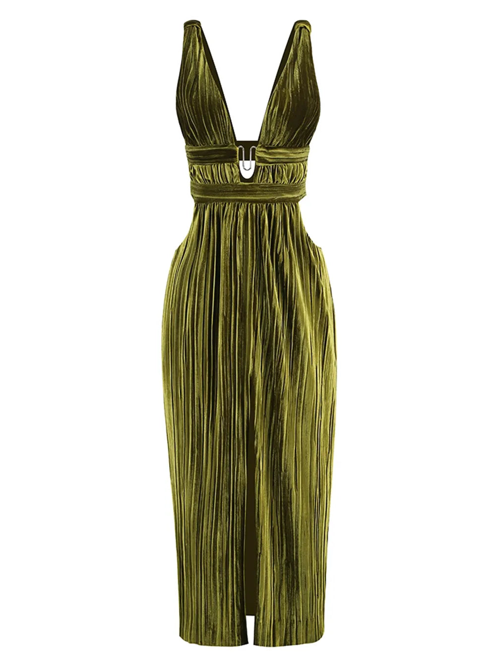 Luxe Elegant Luxury Sleeveless  Plunge V-Neck Pleated Maxi Dress