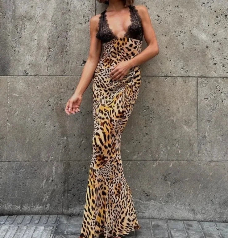 Lace And Leopard Print Maxi Dress