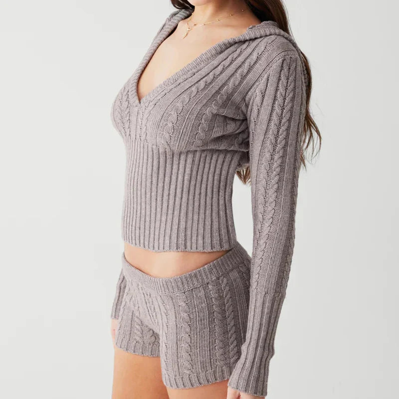 It Girl Knitted 2 Piece Set Cropped Sweater and Shorts