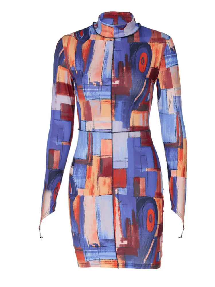 Abstract High Neck Bodycon Print Long Sleeve Mini Dress