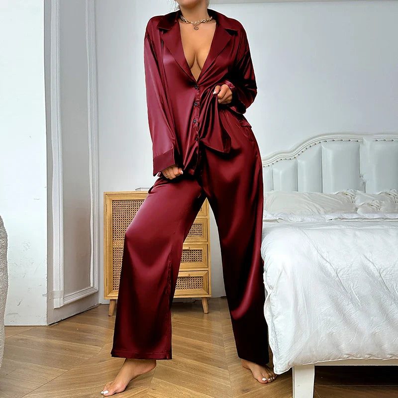 V Neck Silk Satin Pajamas Loungewear Two piece Set