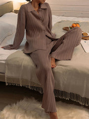 Luxe Knitted Pleat Sweater Two Piece Pants Suit