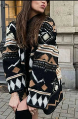 Print Woolen Patchwork Cardigan Coat