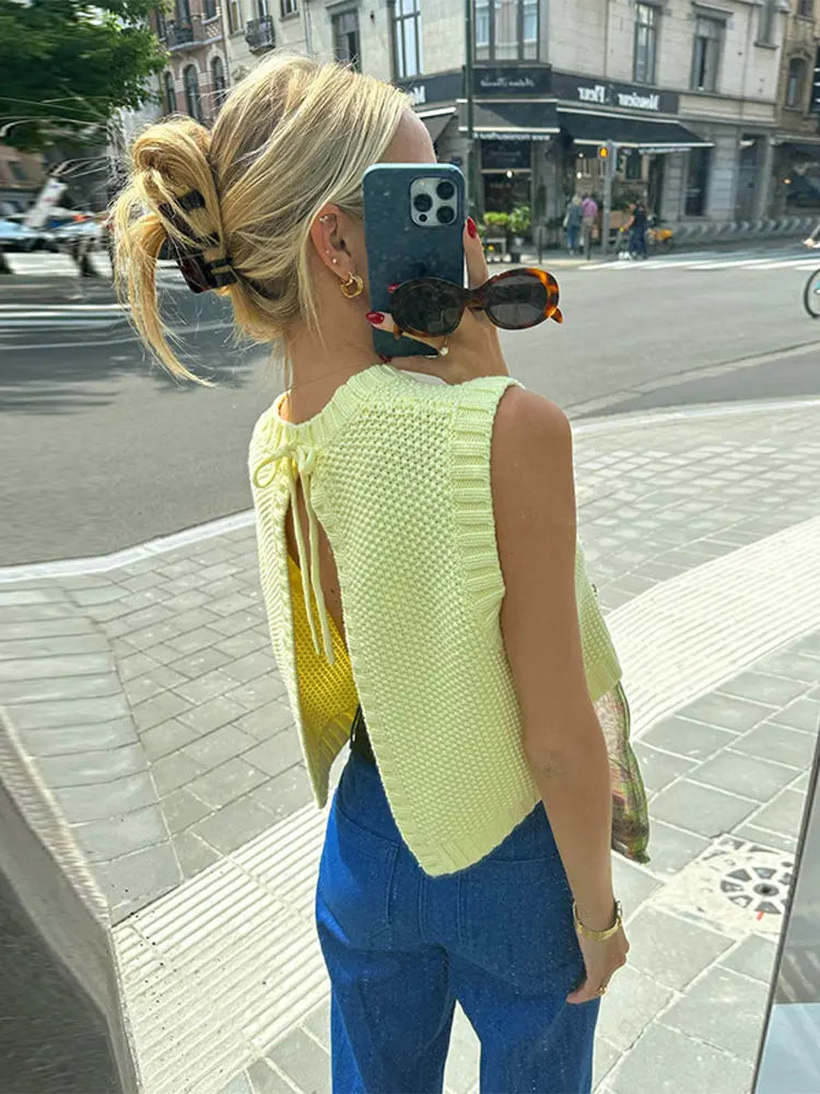 Yellow Lace Up Spring Sleeveless Backless Knit Top