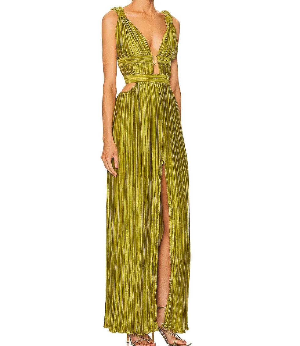 Luxe Elegant Luxury Sleeveless  Plunge V-Neck Pleated Maxi Dress