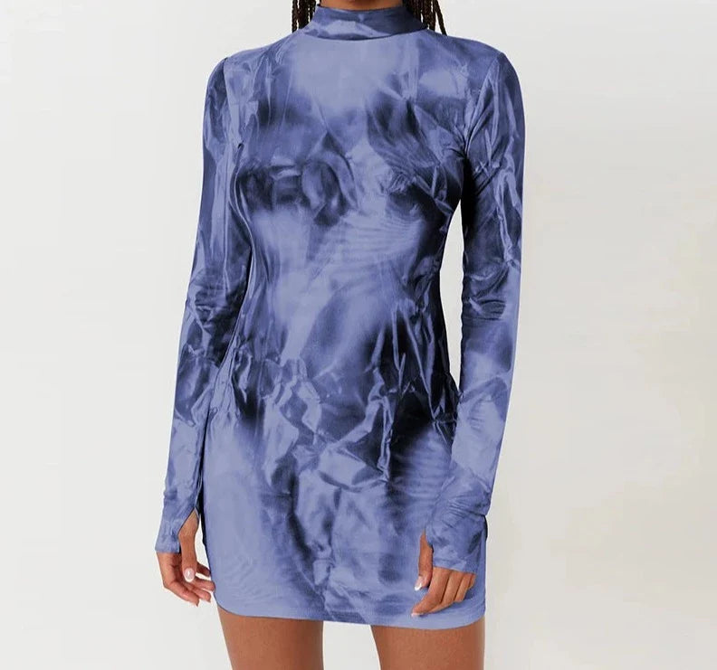 Abstract Long Sleeve Highneck Bodycon Mini Dress