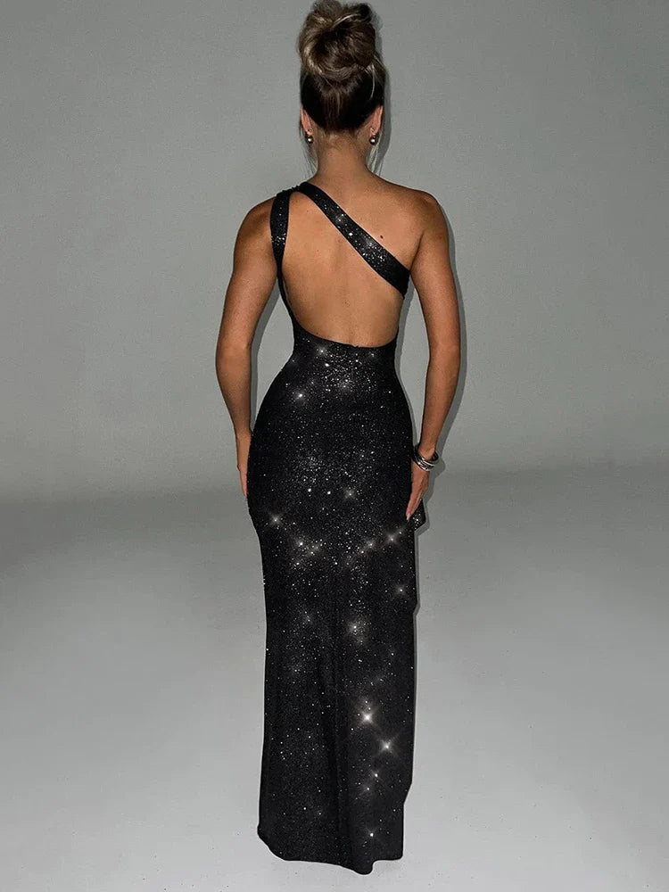 One Shoulder High Split Glitter Backless Maxi Dress