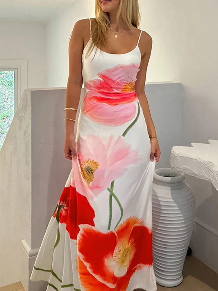 Backless Printed Flower Vacation Maxi Dress