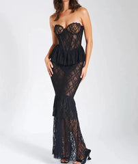 Strapless Sheer Floral Print Lace Bustier Maxi Dress