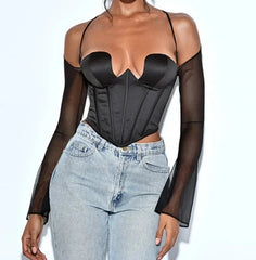 Sheer Long Sleeve Spaghetti Strap Bustier Corset Crop Top